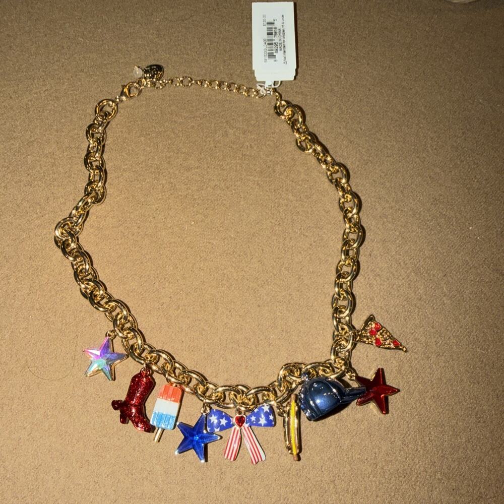 Betsey Johnson Gold Tone Necklace USA 250th 4th Of July Americana Charms NWT